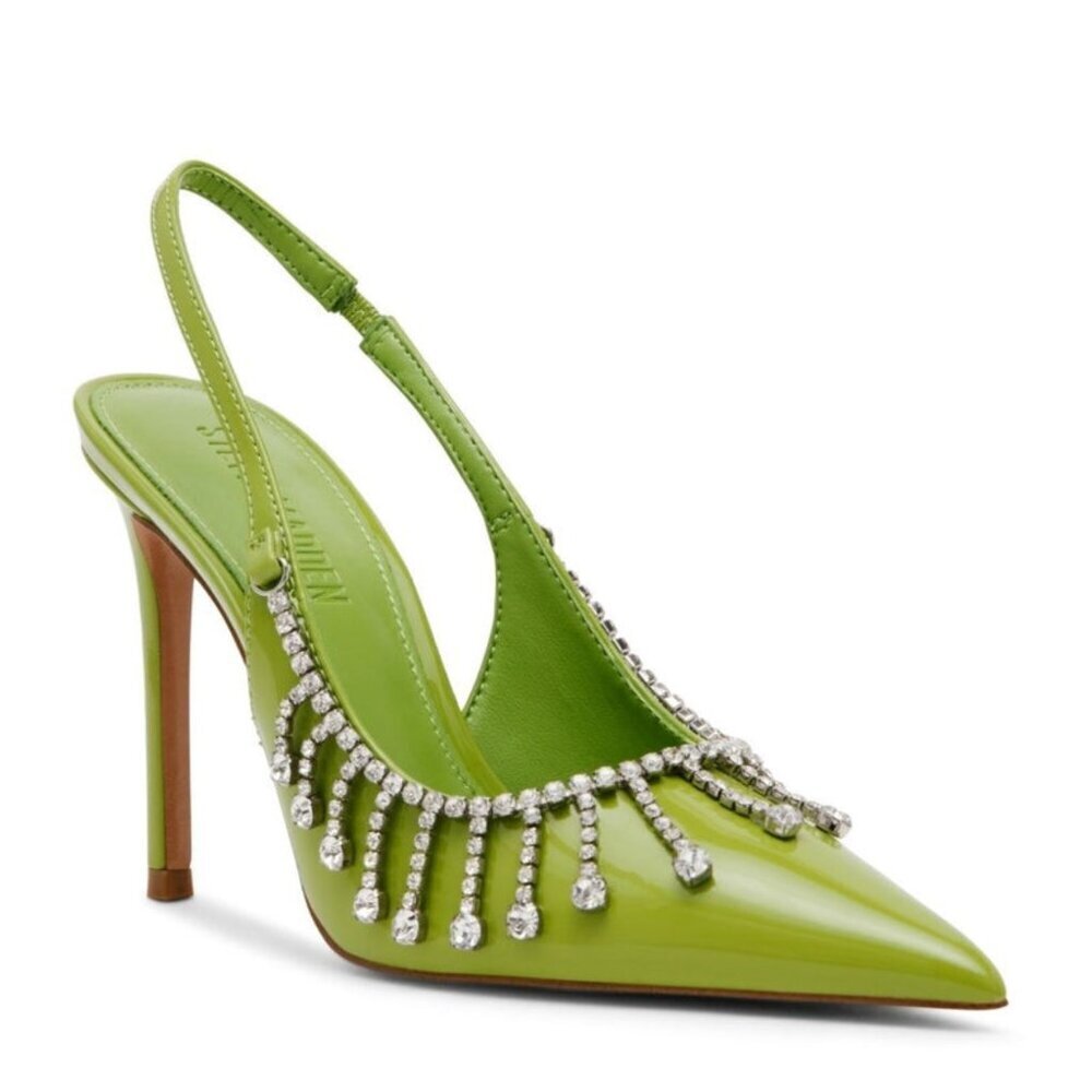 NEW Steve Madden Thrill Patent Rhinestone Fringe Slingback Pumps in Green